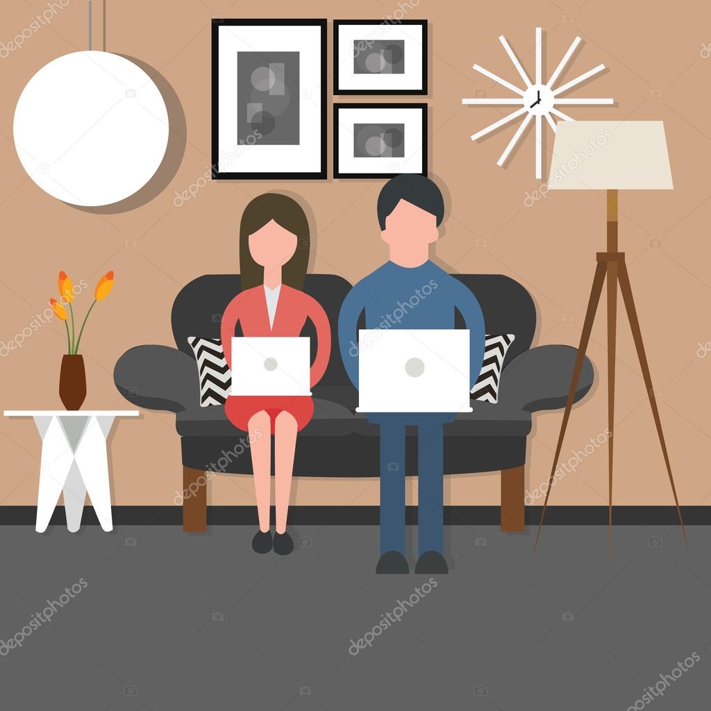 man woman couple bussy working on laptop sitting couch chair living room