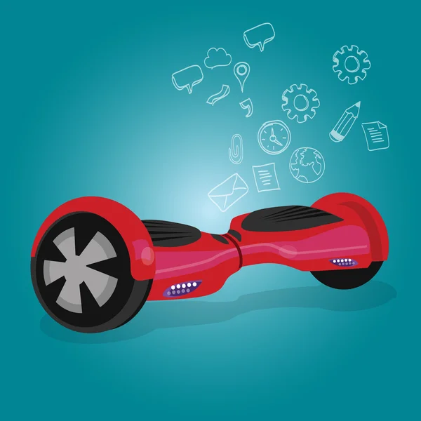 Hoverboard plancher planeur vecteur roue dispositif technologie véhicule rie illustration rouge bleu fond — Image vectorielle