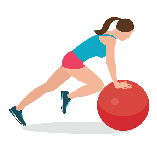 Žena fitness pozice pomocí stability míč cvičení tělocvičně školení workput rovnováhu ženské — Stockový vektor