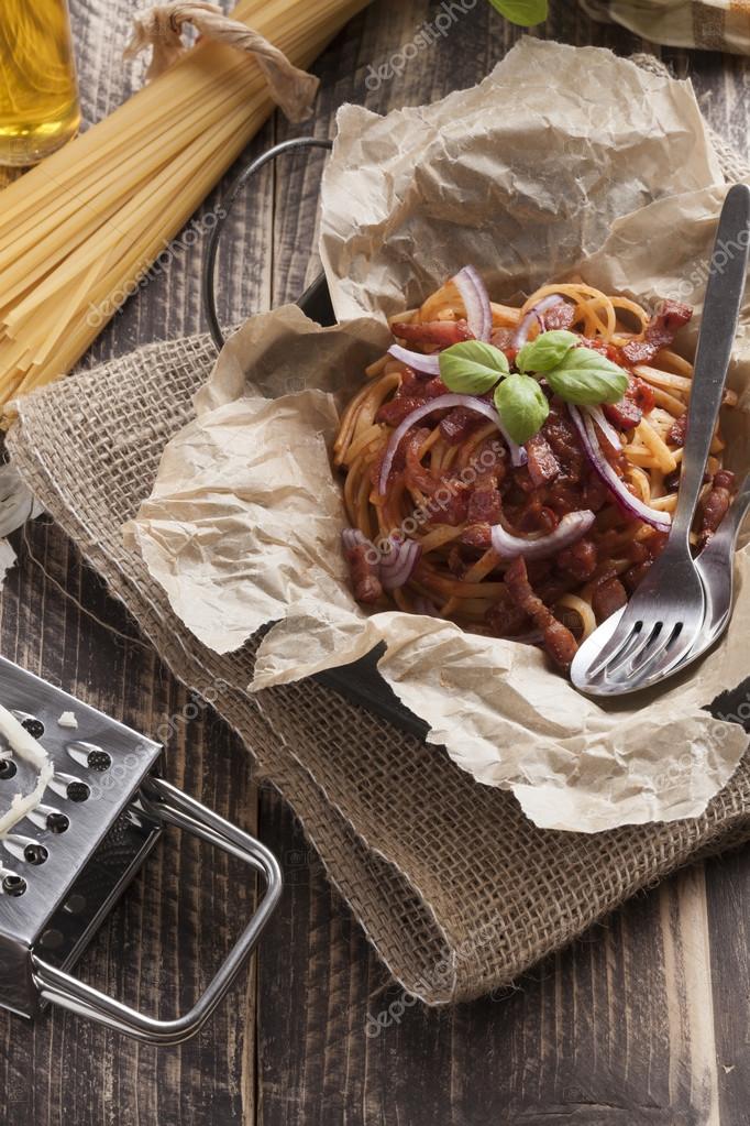 Spaghetti amatriciana italian basic food dish Stock Photo by