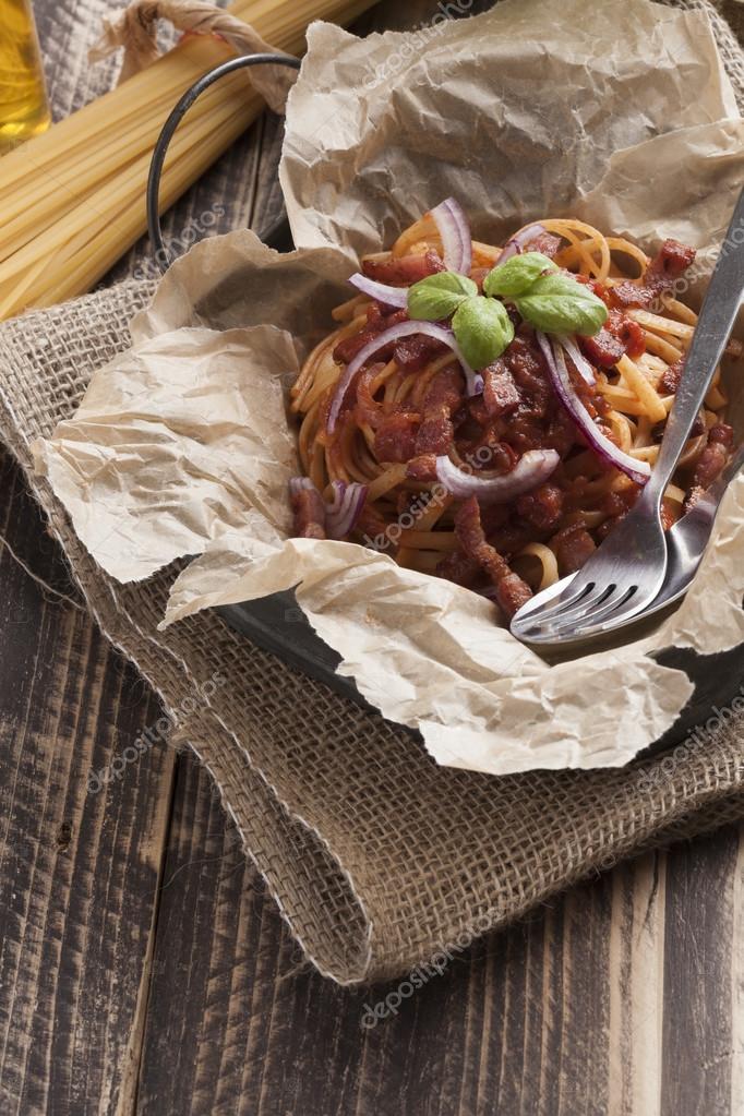 Spaghetti amatriciana italian basic food Stock Photo by ©sureshot75