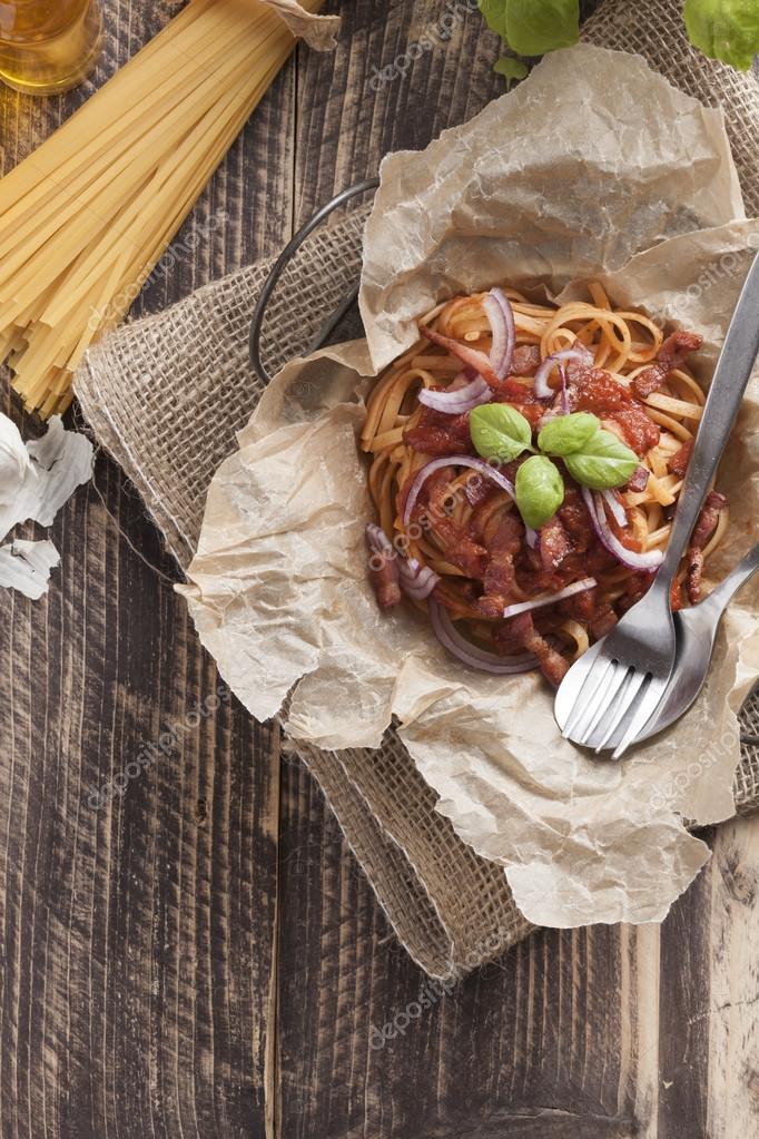 Spaghetti amatriciana italian basic food Stock Photo by ©sureshot75