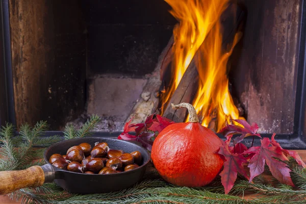 Food and drinks at fireplace — Stock Photo, Image