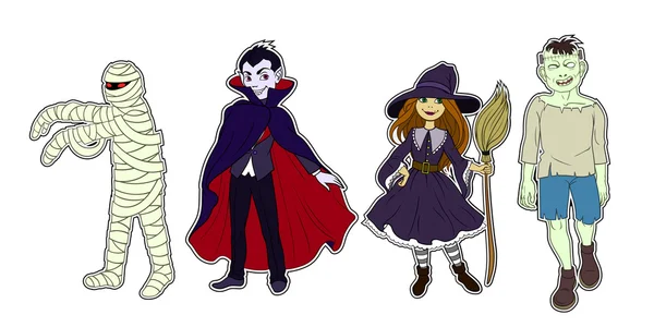 Cuatro personajes de Halloween color — Vector de stock