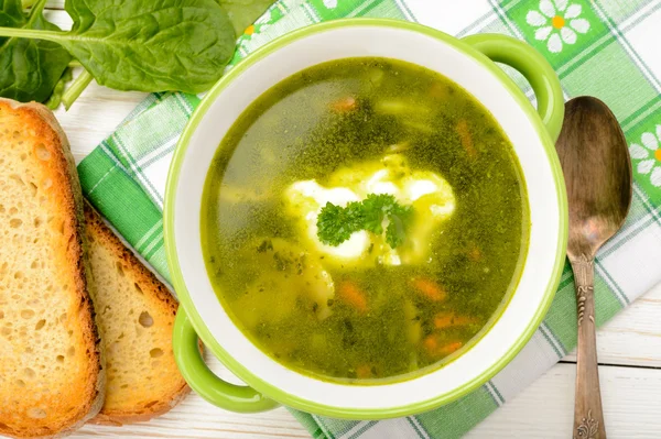 Вегетарианский суп с овощами, такими как морковь, шпинат, картофель, петрушка и грибы . — стоковое фото