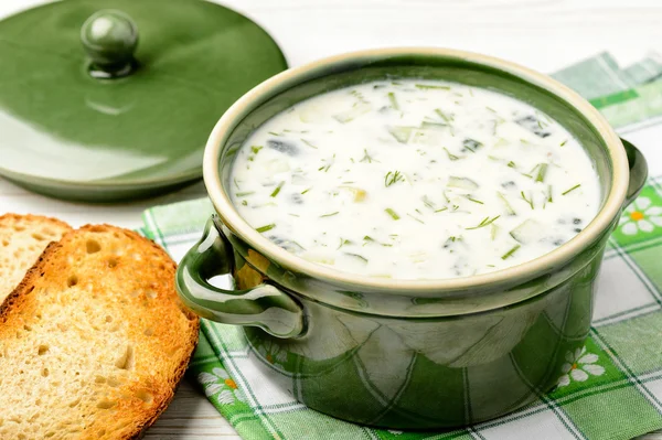 Sopa de verão fria com legumes e iogurte (okroshka). Cozinha russa . — Fotografia de Stock