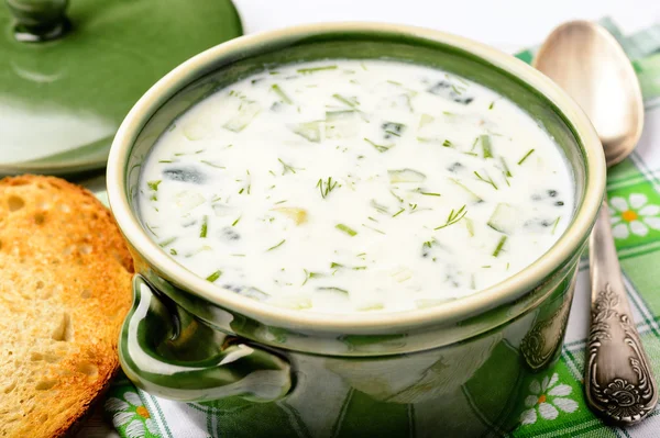 Sopa de verão fria com legumes e iogurte (okroshka). Cozinha russa . — Fotografia de Stock