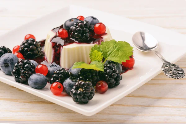 Panna cotta com mousse de baga e bagas . — Fotografia de Stock