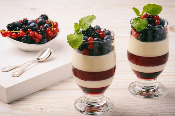 Layered berry dessert - panna cotta with berry jelly, blueberries,blackberries and red currants. — Stock Photo, Image