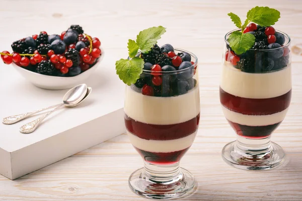 Dessert de baies en couches - panna cotta avec gelée de baies, bleuets, mûres et groseilles rouges . — Photo