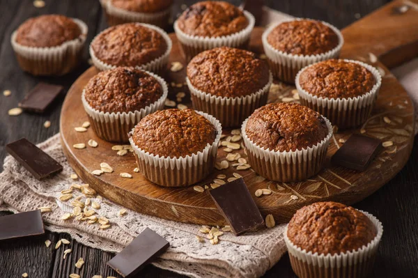 Flocos Caseiros Aveia Muffins Com Manteiga Amendoim Chocolate — Fotografia de Stock