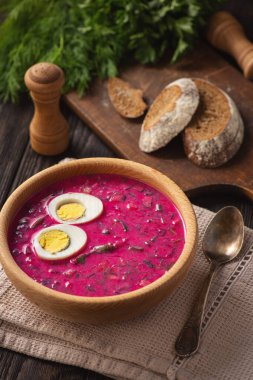 Beetroot cold soup with yogurt and eggs. 
