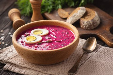 Beetroot cold soup with yogurt and eggs. 