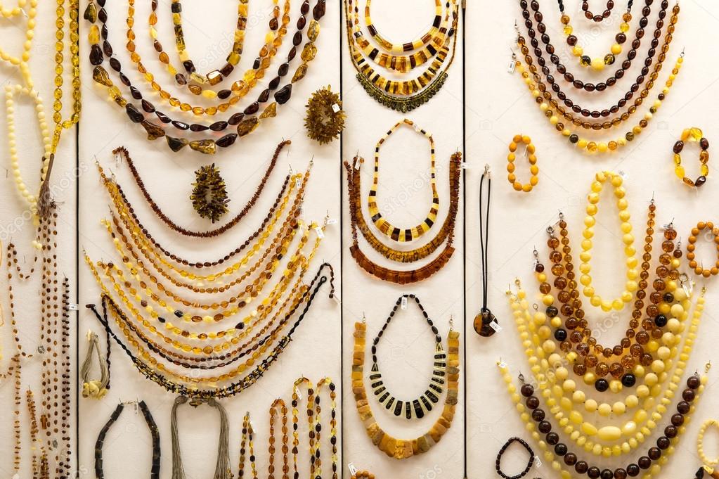 The variety of colorful  amber necklaces.