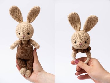El yapımı örülmüş tavşan oyuncağı, amigurumi. Handamde oyuncakları.