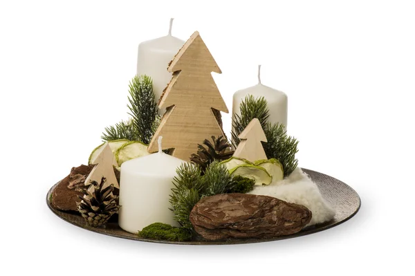 Weihnachtsdekoration - Weihnachtskomposition aus Kerzen und weihnachtlichem Dekorationszubehör isoliert. — Stockfoto