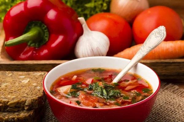 Borscht - traditionelle russische und ukrainische Rote-Bete-Suppe in roter Schale auf Holzgrund. — Stockfoto