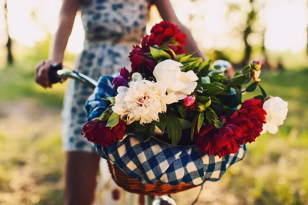 Panier à vélo avec des fleurs pivoines — Photo
