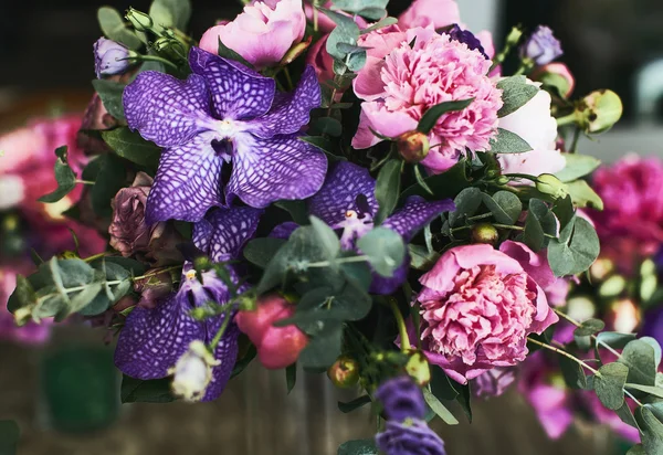 Rosas rosadas y orquídeas silvestres azules — Foto de Stock