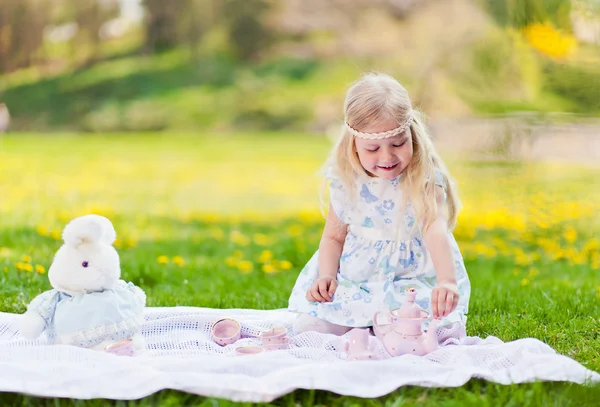 Meisje met thee partij op weide — Stockfoto