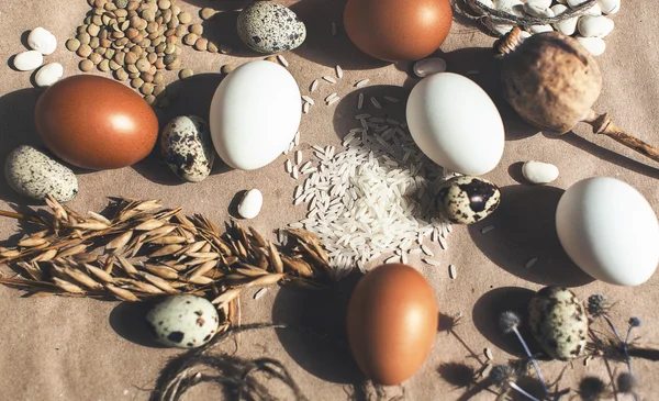 Курячі та перепелині яйця — стокове фото