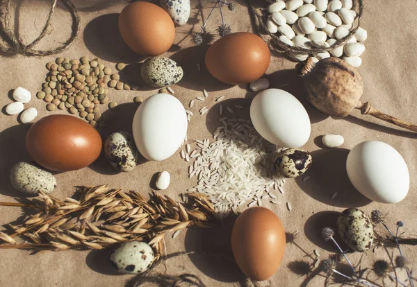 Курячі та перепелині яйця — стокове фото
