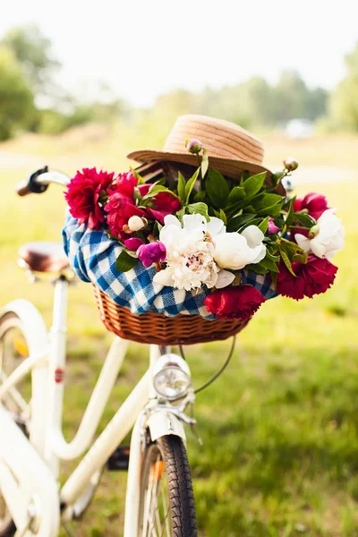 Colorful flowers in bicycle basket — Stock Photo, Image