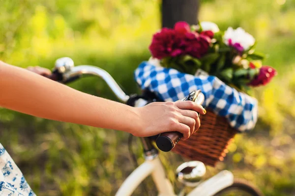 Bunte Blumen im Fahrradkorb — Stockfoto