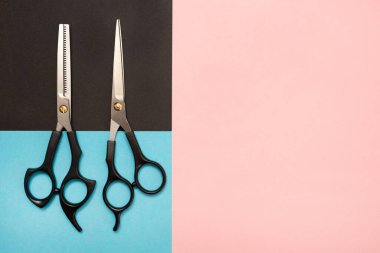 Profesyonel saç kesim aletleri. Renkli arkaplan pembe ve mavi.