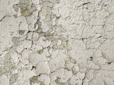 Çatlak boyalı ve sıva desenli beyaz duvar. Eski boya katmanları. Grunge..