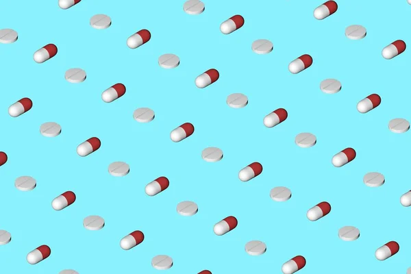 Vários comprimidos médicos na forma de cápsulas e formas redondas. Antecedentes. Poupa a tua saúde. Renderização 3D. — Fotografia de Stock