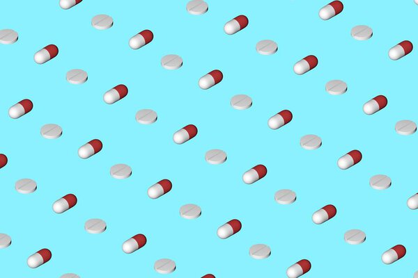 Various medical tablets in the form of capsules and round shapes. Medical background. Save your health. 3D rendering.