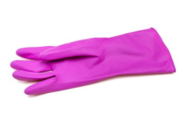 Beyaz arka planda lastik eldiven. İzole edilmiş. Mor, pembe. Temizlik.