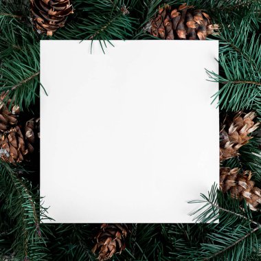 Üzerinde Noel ağacı dalları ve kozalakları olan kağıt bir not. Düz yatıyordu. Yeni Yıl ve Noel konsepti 2021.