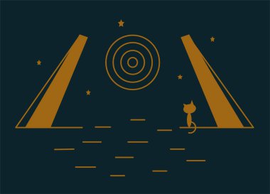 Köprünün kenarında oturan ve geceleri aya bakan bir kedinin silüetiyle manzara. 