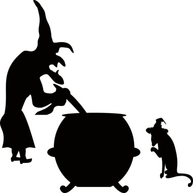The witch waiting with her cat by the cauldron.Witch cauldron for halloween. illustration