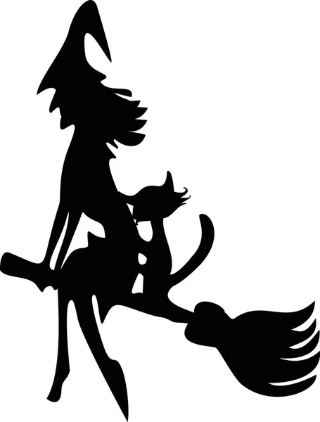 Witch Cat Flying Broomstick White Background Flying Witch Halloween Party — Fotografia de Stock