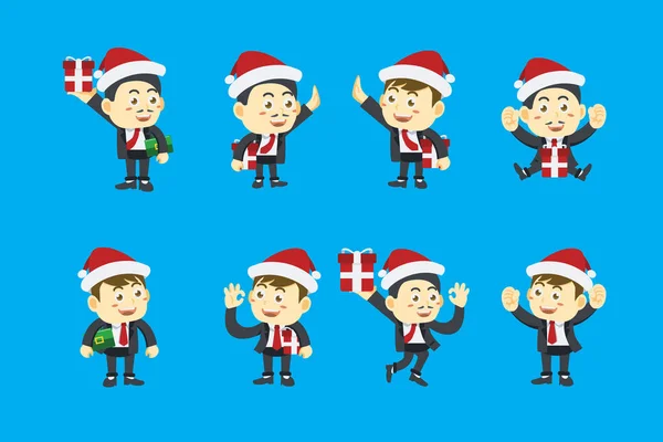 İş adamının farklı pozlar ve ifadelerle Noel Baba şapkası taktığı düz bir tasarım.