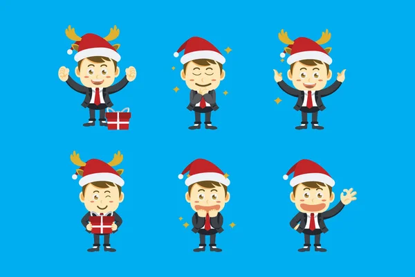 İş adamının farklı pozlar ve ifadelerle Noel Baba şapkası taktığı düz bir tasarım.
