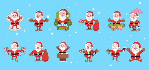 Çeşitli pozlar ve ifadelerle Noel Baba 'nın düz tasarımı