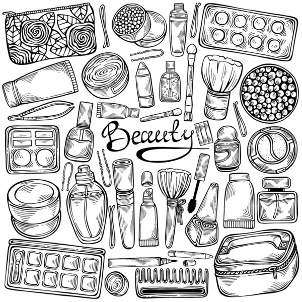 Cosmétiques Ensemble Beauté Avec Des Objets Maquillage Mascara Crème Sac — Image vectorielle