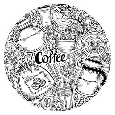 Kahve temalı el çizimi daire tasarımı. Çeşitli kahve dükkanlarının dekorasyonu için vektör illüstrasyon