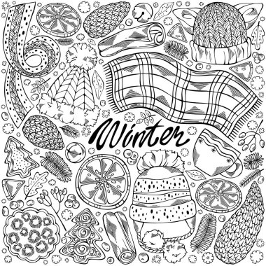 Siyah ve beyaz el çizimi kış elementleri - koni, kar taneleri, şapka, eşarp ve diğerleri. Soğuk mevsimler için beyaz arka planda izole edilmiş rahat semboller. Vektör illüstrasyonu