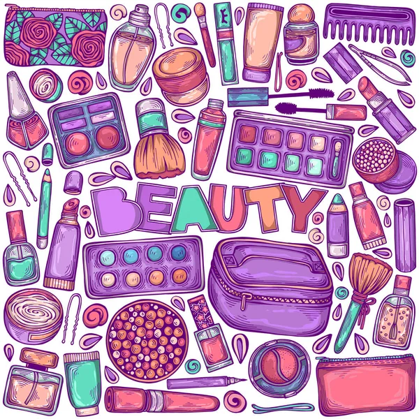 Cosmétiques Ensemble Beauté Avec Des Objets Maquillage Mascara Crème Sac — Image vectorielle