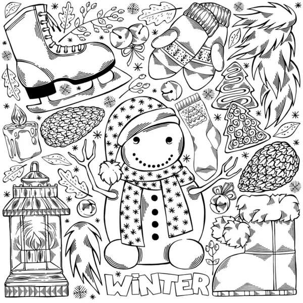 Black White Hand Drawn Set Winter Elements Cone Winter Boots Stock Illustration