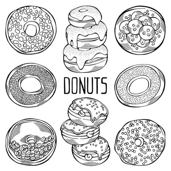 Handgezeichnetes Set Schwarzer Und Weißer Cartoon Donuts Mit Verschiedenen Streuungen — Stockvektor