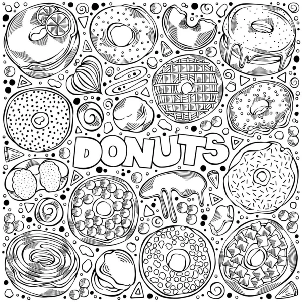 Conjunto Dibujado Mano Blanco Negro Del Tema Donuts Artículos Objetos — Vector de stock