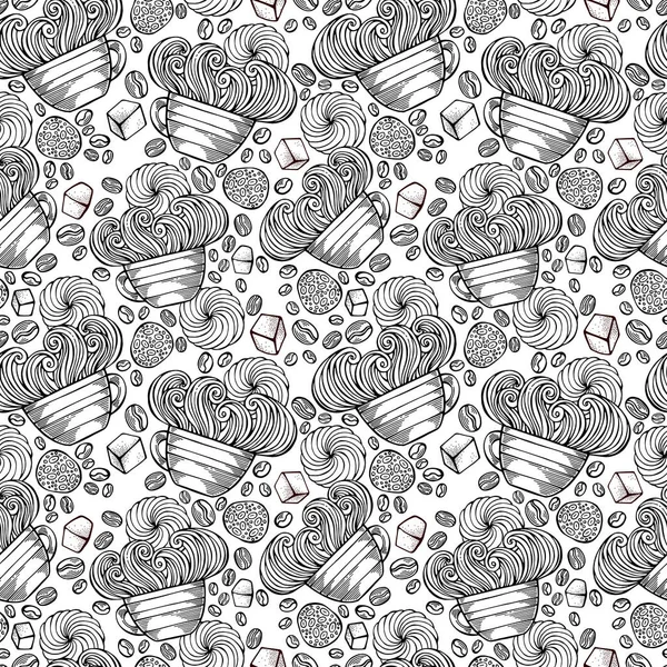 Hand-drawn coffee seamless pattern with cappuccino, beans, mugs, sugar, cream, cookies. Black and white detailed. Cute drink wallpaper. Vector illustration