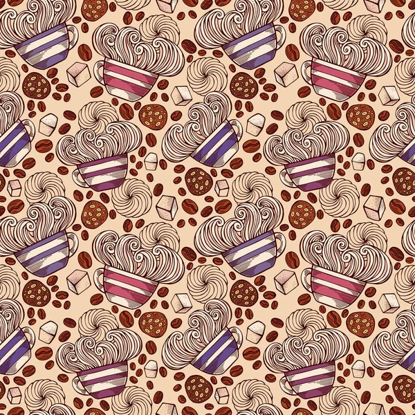 カプチーノ マグカップ クリーム クッキーと手描きのコーヒーシームレスパターン カラフルな詳細 可愛いドリンク壁紙 光を背景にしたベクターイラスト — ストックベクタ