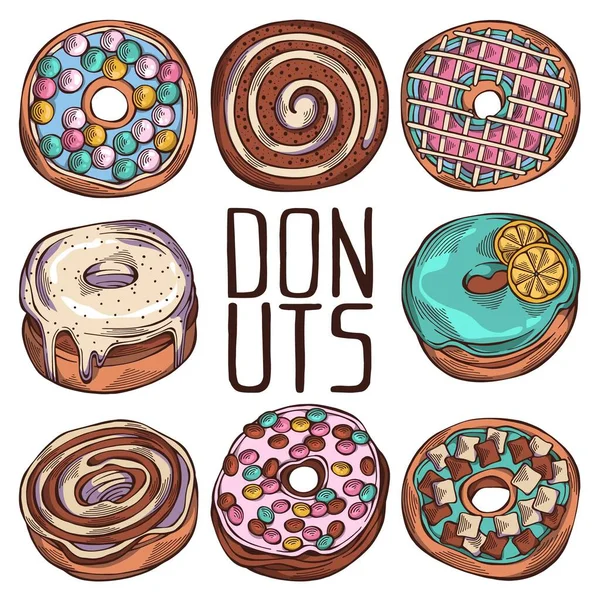 Conjunto Dibujado Mano Rosquillas Coloridas Dibujos Animados Con Diferentes Aspersiones — Vector de stock